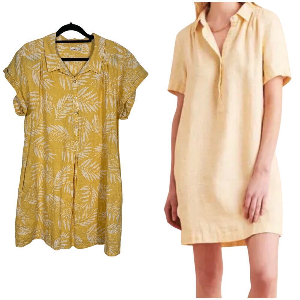 Faherty Dress Hana Linen Palm Sun Sundress Short Sleeve Collared Yellow White M